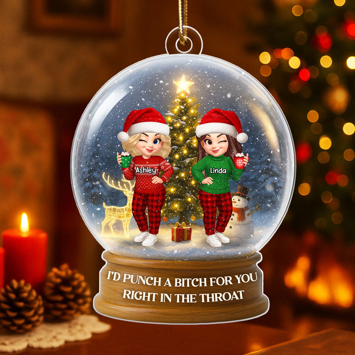 Christmas Besties Sisters In Crystal Snow Globe 3D Effect Personalized Acrylic Ornament