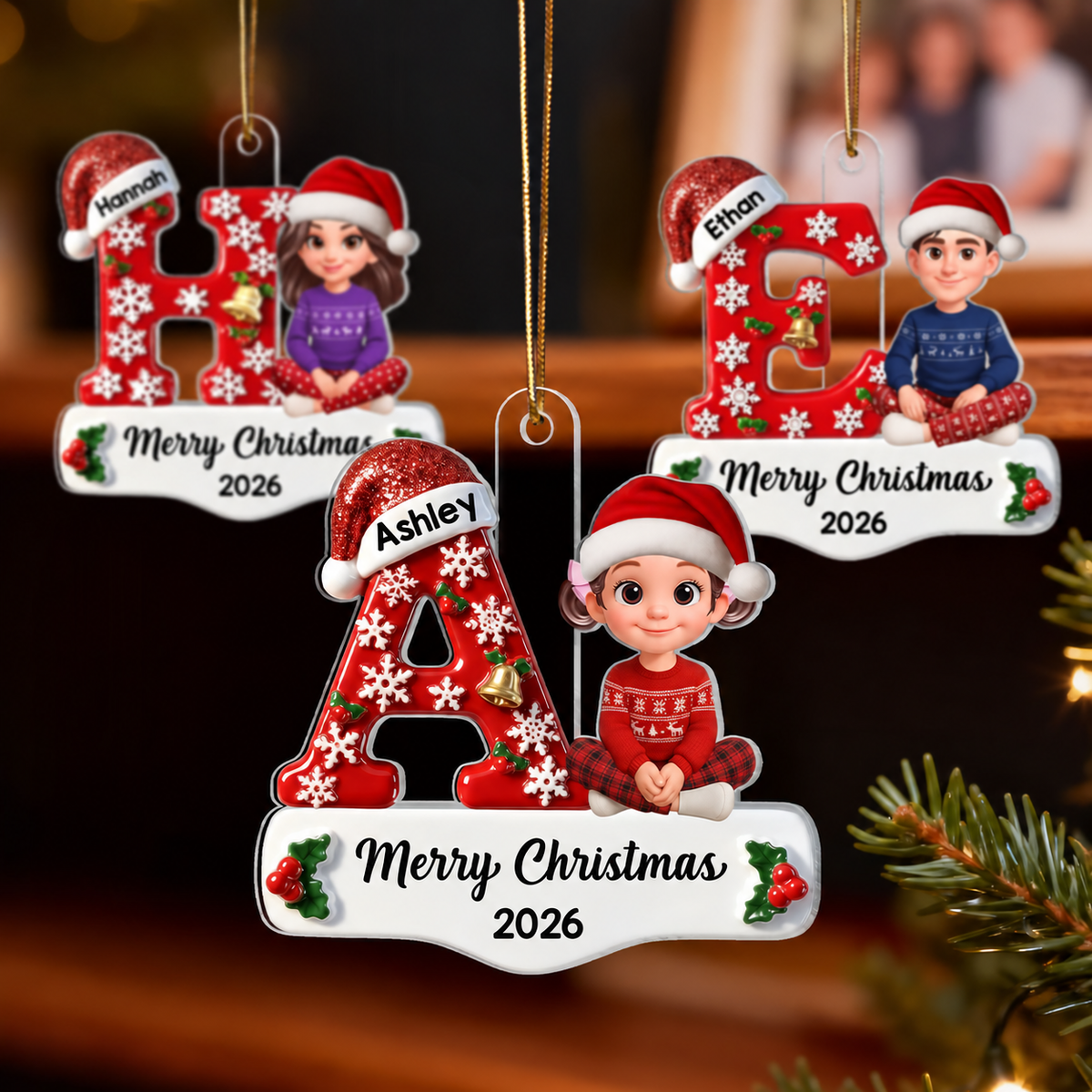 Family Member Christmas Festive Initial Name - Personalized Acrylic Ornament