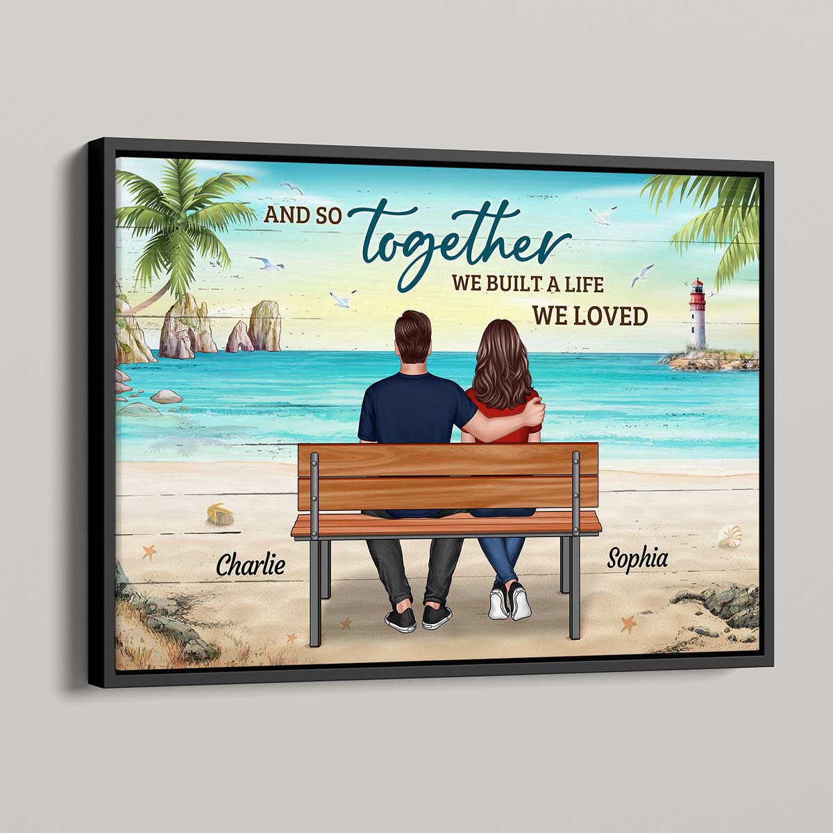 Back View Couple Sitting On Bench At Beach Personalized Horizontal Poster