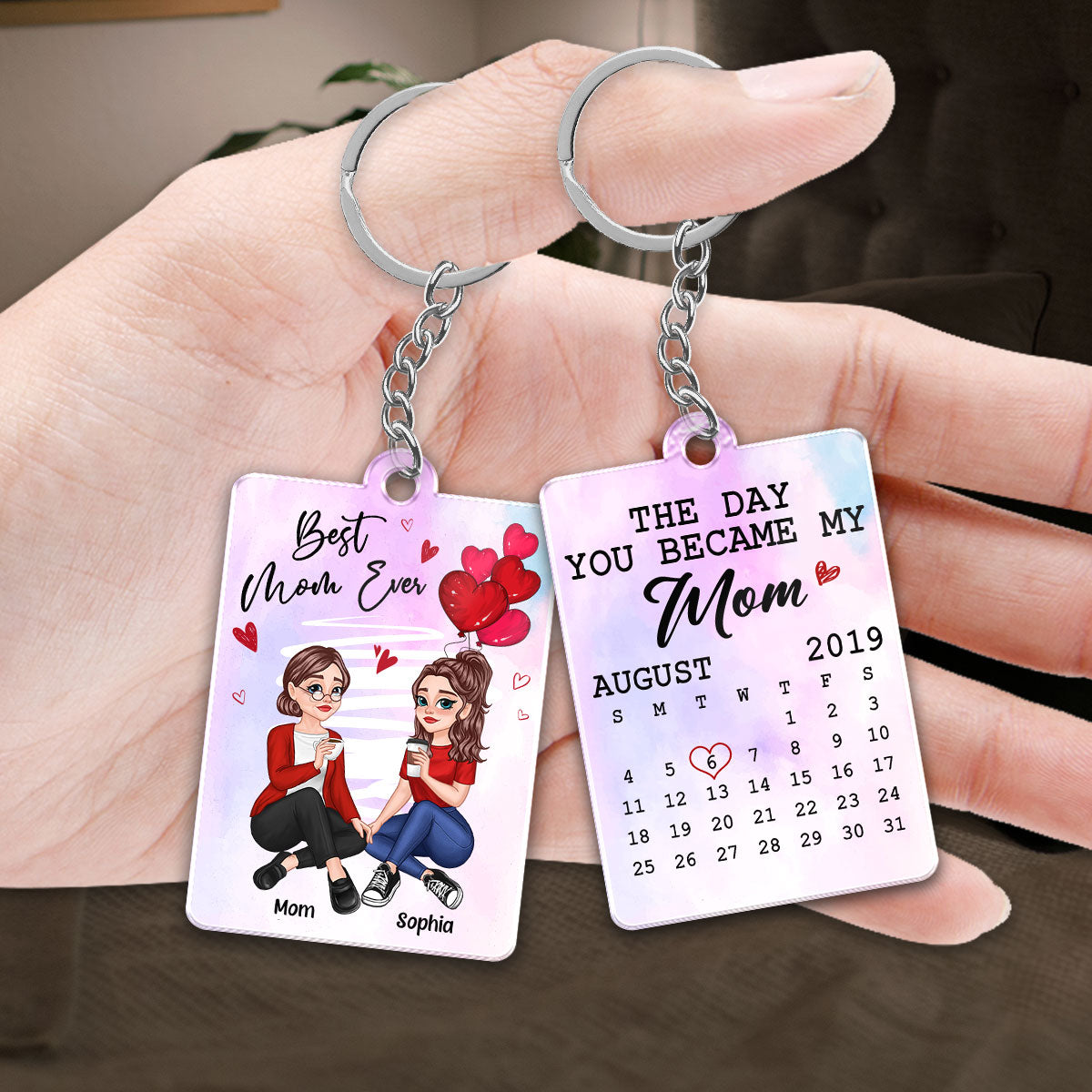 Red Hearts Watercolor Pretty Cartoon Mother Daughter Calendar Date Personalized Acrylic Keychain