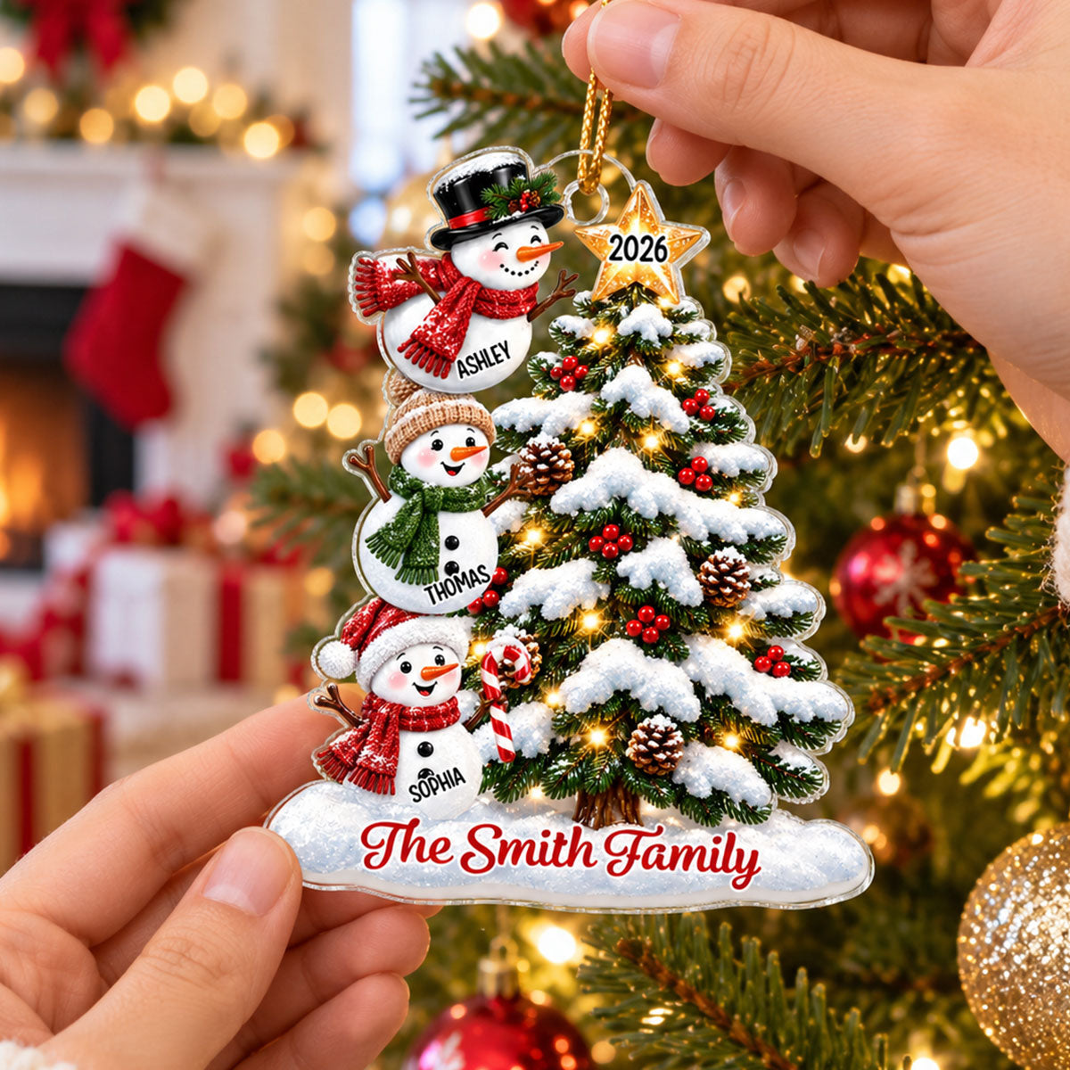 Snowman Family Grandkids Christmas Tree - Personalized Acrylic Ornament - Gift For Boys, Girls