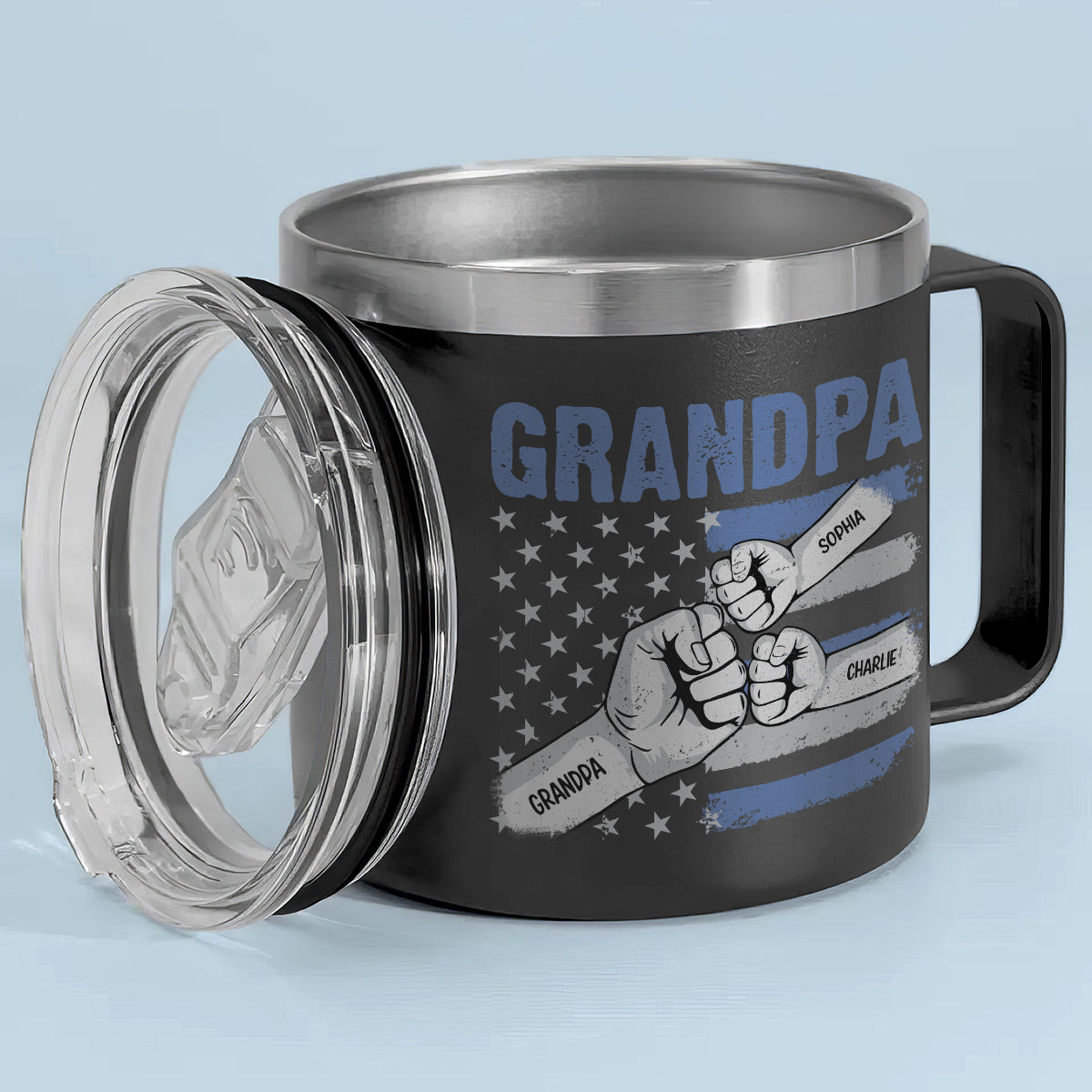 Grandpa Fist Bump Nation Flag Personalized Stainless Steel Tumbler With Handle, Birthday Gift For Grandpa, Father's Day Gift or Just Because