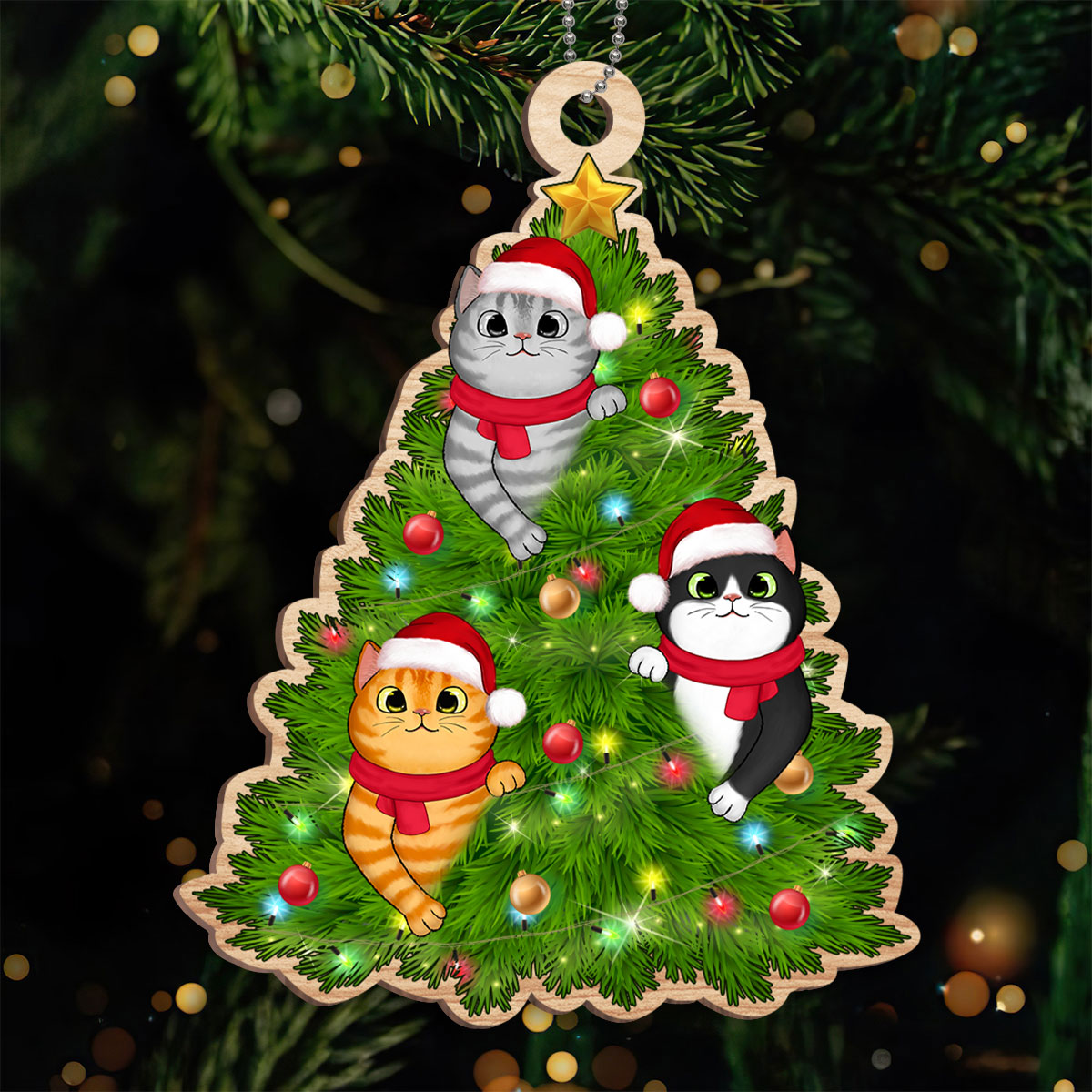 Fluffy Cats Playing On Christmas Tree Personalized Wooden Ornament