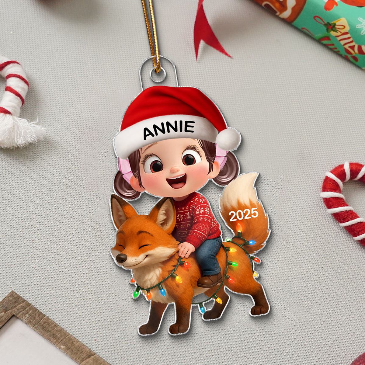 3D Effect Little Kid Jungle Safari Animals Fox Christmas Personalized Acrylic Ornament