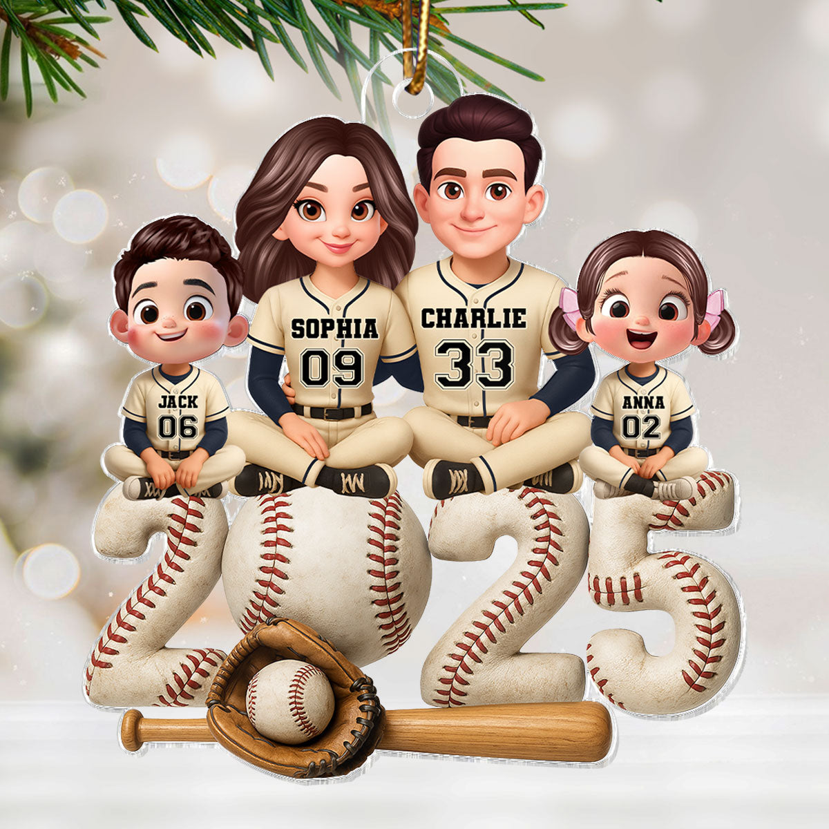 3D Effect Christmas Baseball Team Family - Personalized Acrylic Ornament