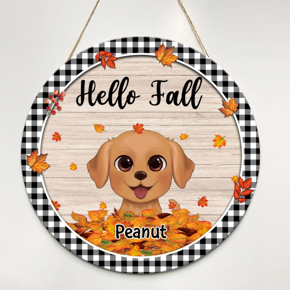 Fall Season Watercolor Cute Dogs Playing With Autumn Leaves Pile Personalized Door Hanger Sign