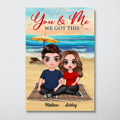 Embracing Doll Couple Sitting At Beach Personalized Vertical Poster - Gift For Gim Gift For Her