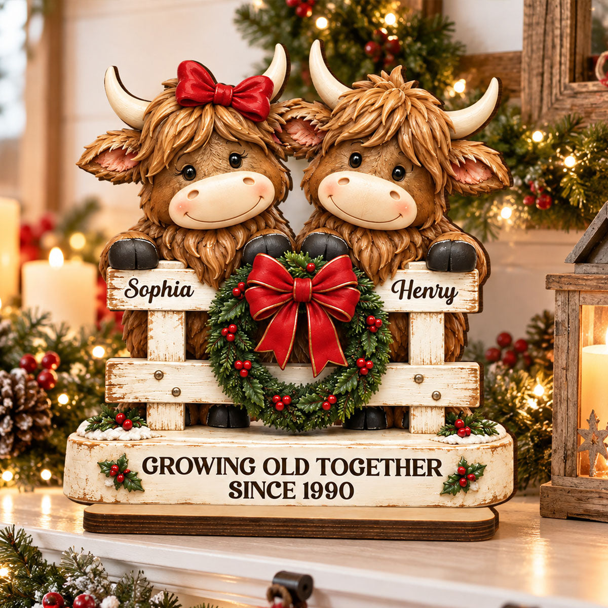 Happy Highland Cows Couple Christmas Fence - Personalized 2-Layered Wooden Plaque - Christmas Gift For Couple