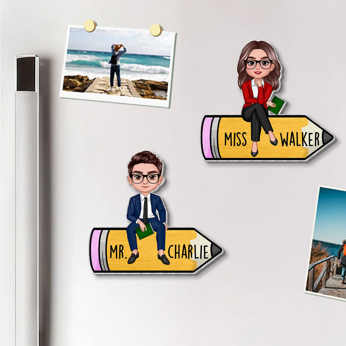 Teacher Sitting On Pencil Personalized Whiteboard Magnet, Classroom Decor
