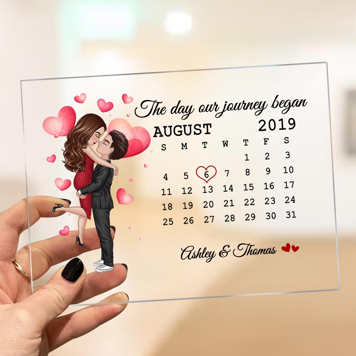 Watercolor Hearts Doll Couple Hugging Kissing Calendar Anniversary Date Personalized Acrylic Plaque