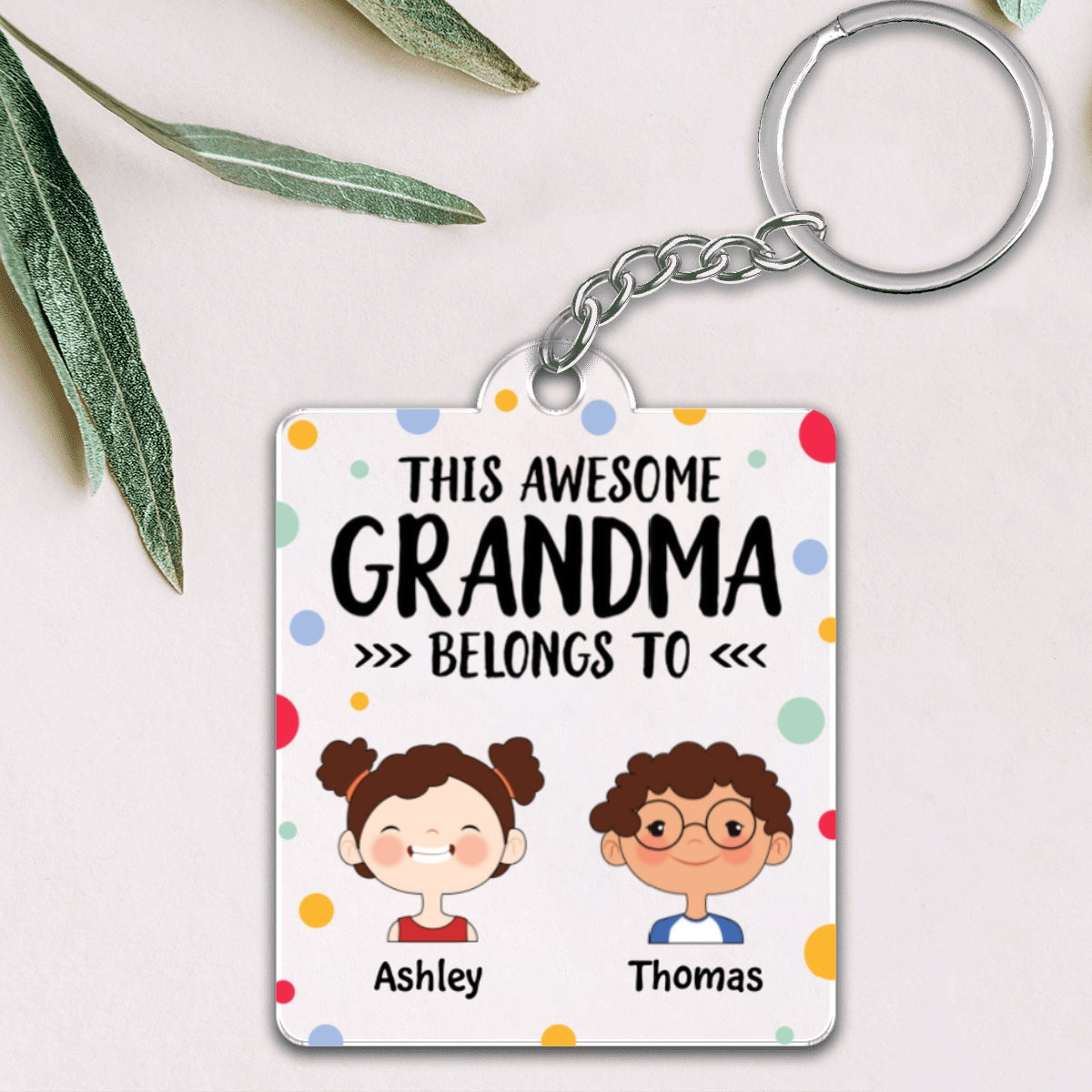 This Grandma Mom Belongs To Cute Kids Face Colorful Dot Personalized Acrylic Keychain
