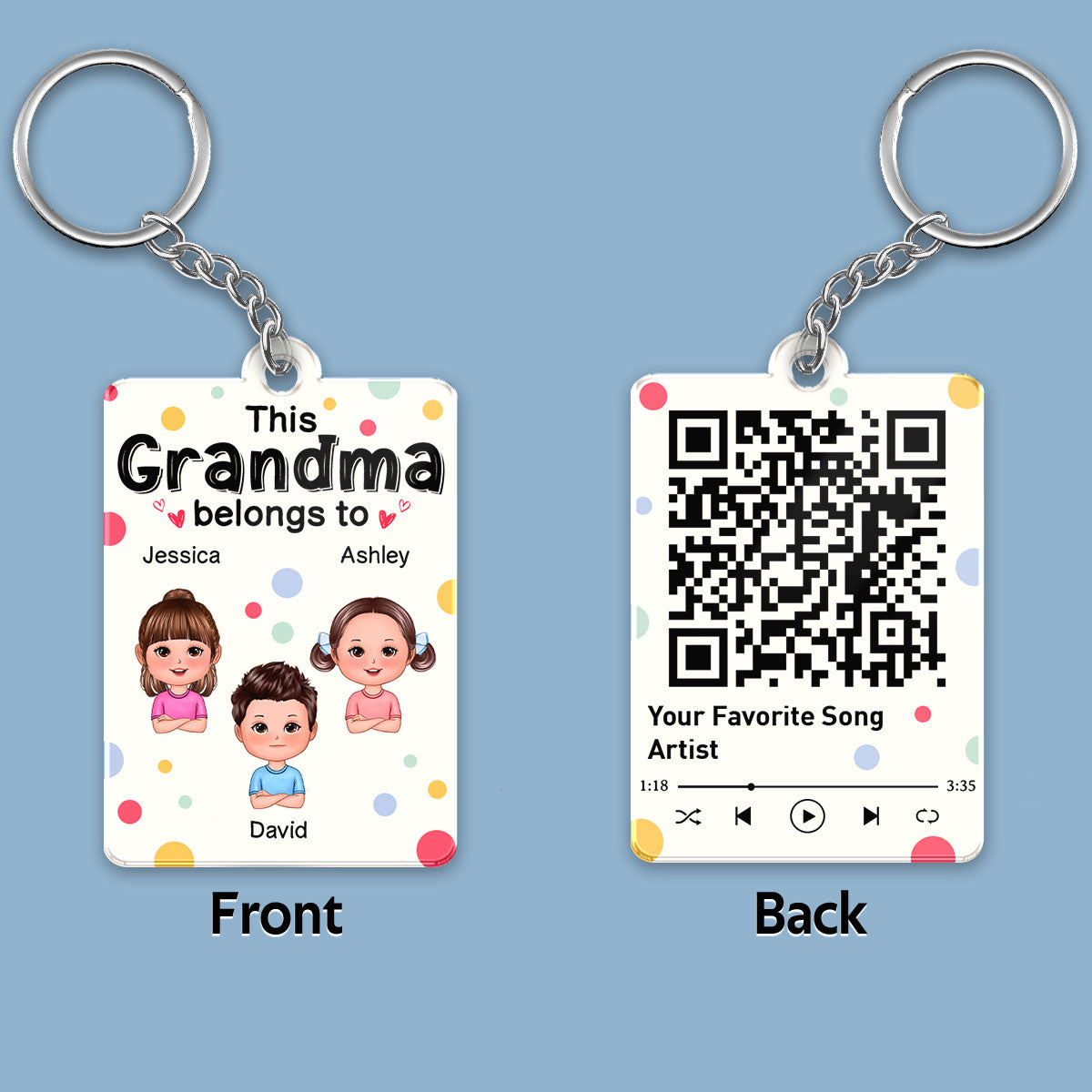 This Grandma Mom Belongs To Cute Doll Kids Colorful Dot Scannable QR Code Personalized Acrylic Keychain
