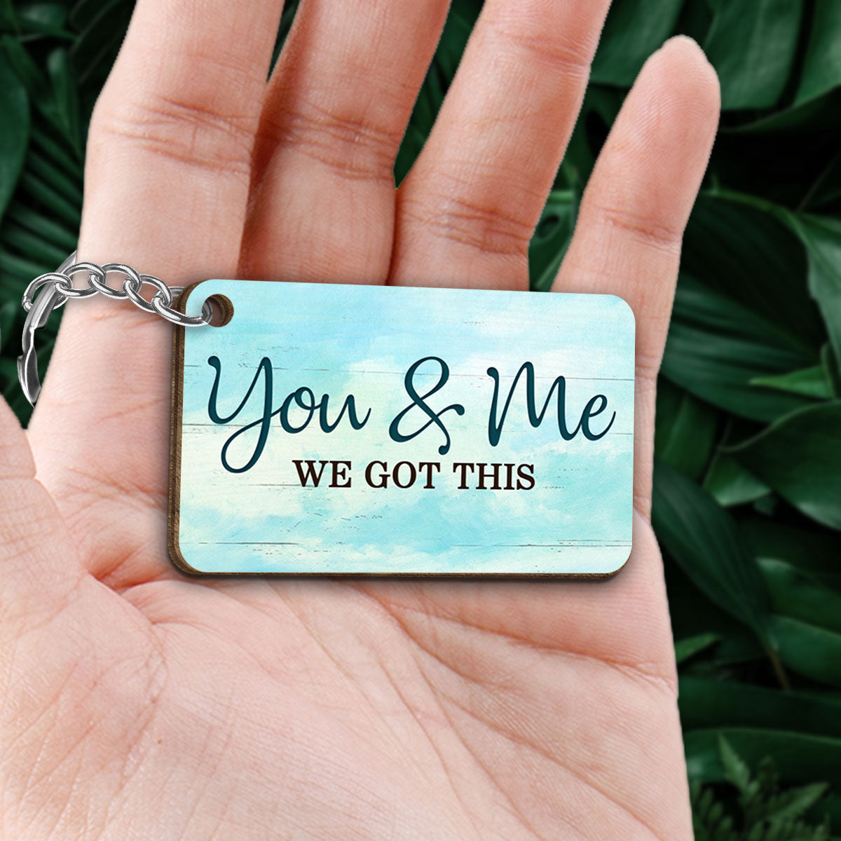Back View Couple Sitting Beach Landscape Personalized Wooden Keychain
