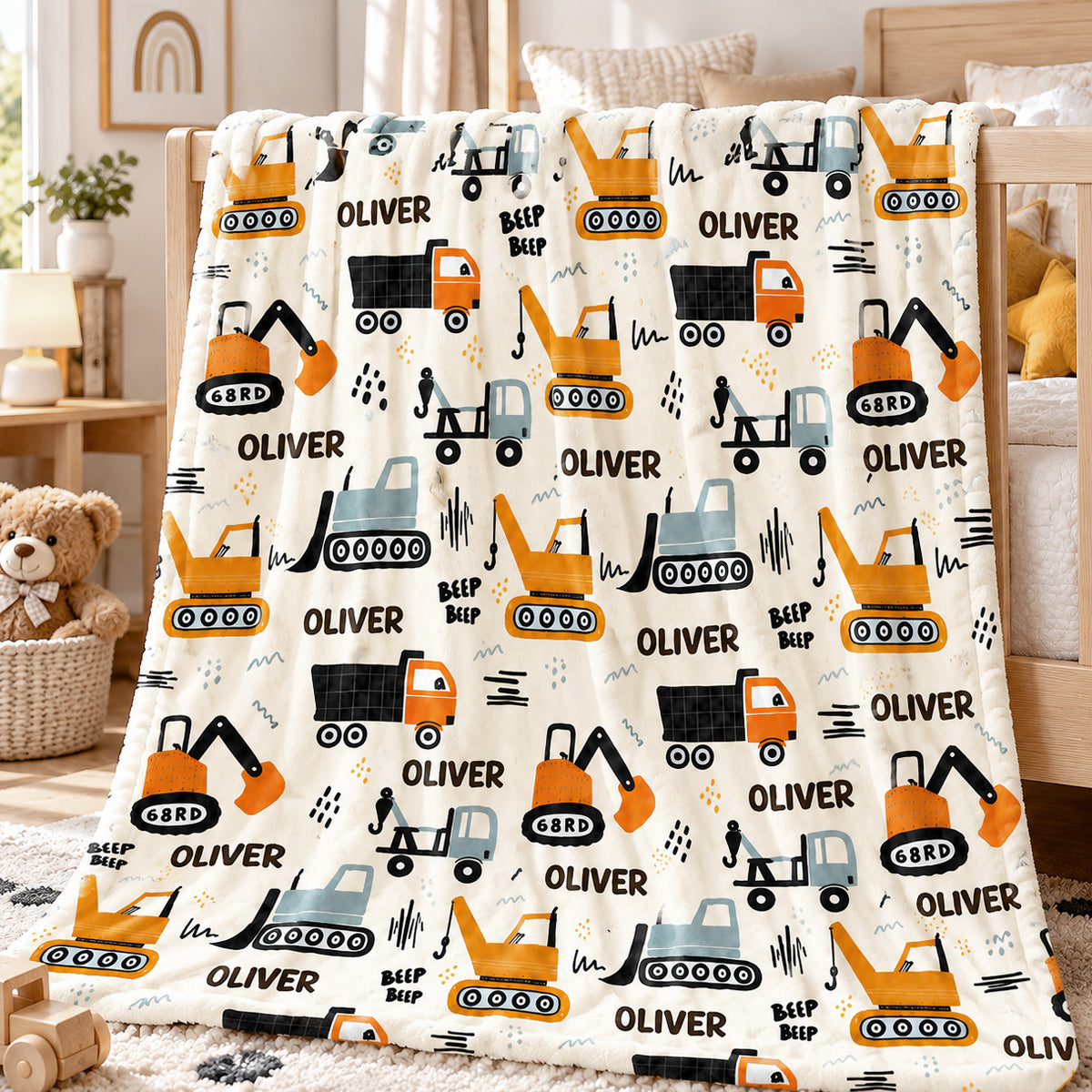 Construction Vehicle Custom Baby Name - Personalized Fleece Blanket - Nursery Construction Theme For Baby Boy