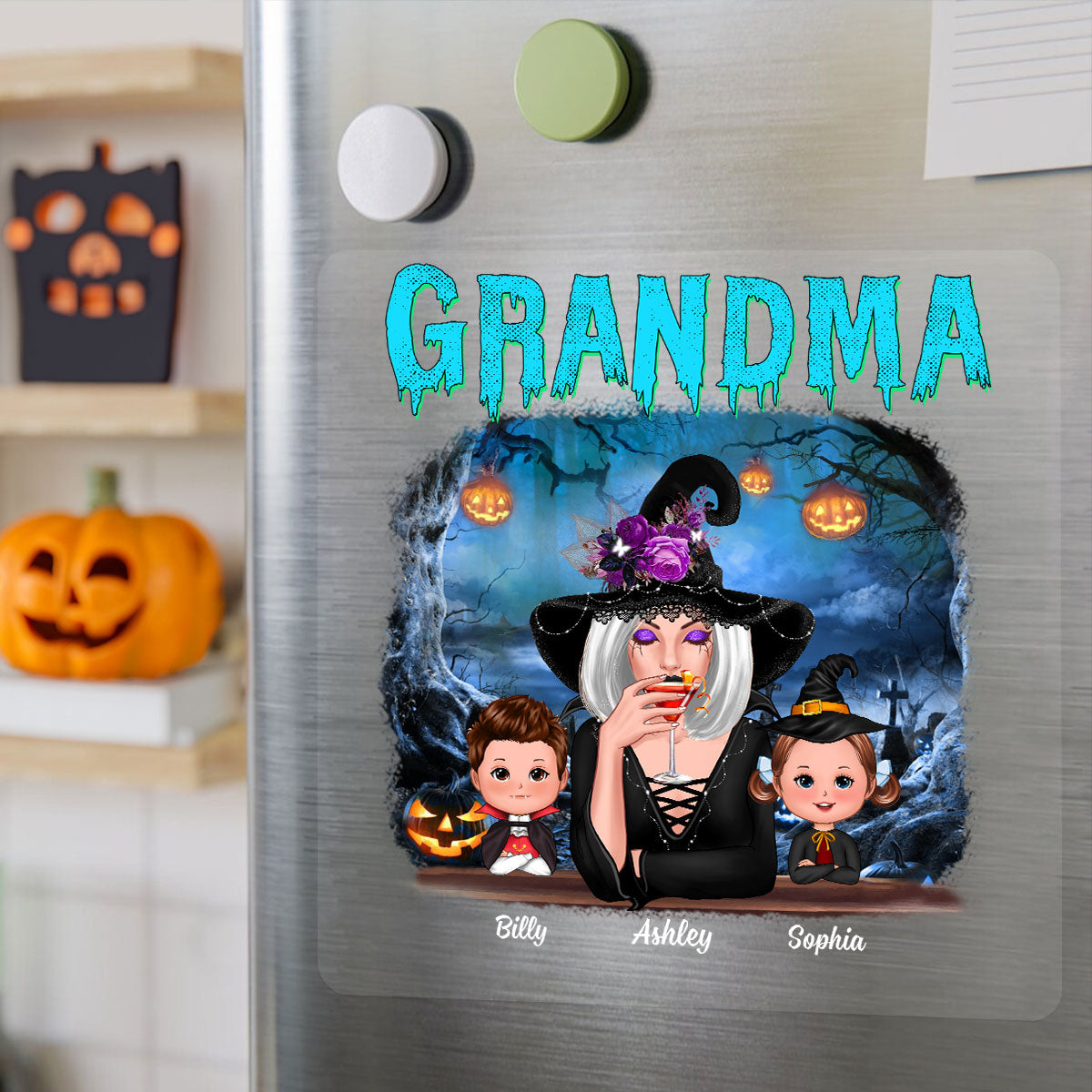 Halloween Night Grandma Witch And Grandkids Personalized Decal, Halloween Decor