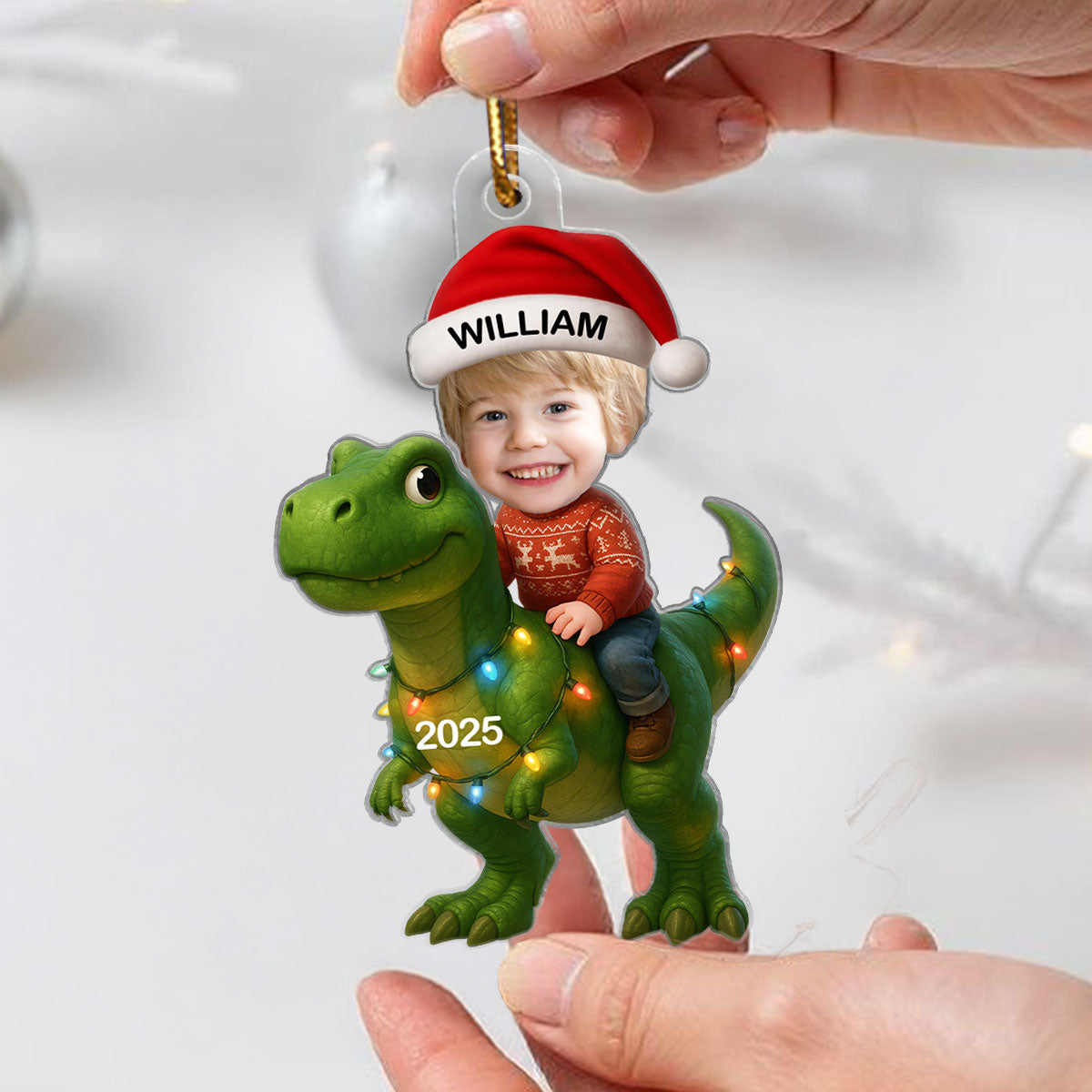3D Effect Custom Kid Face With Dinosaur Christmas Personalized Acrylic Ornament