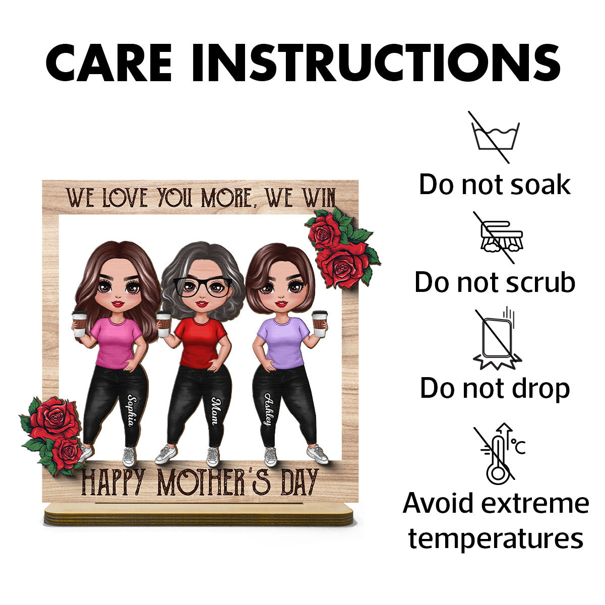 Roses Frame Mom And Daughter Personalized 2-Layer Standing Wooden Plaque