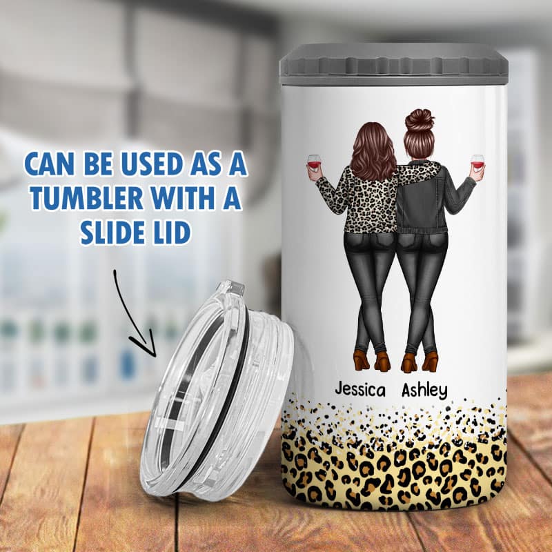 Back View Besties Sisters Leopard Gift Personalized 4 In 1 Can Cooler