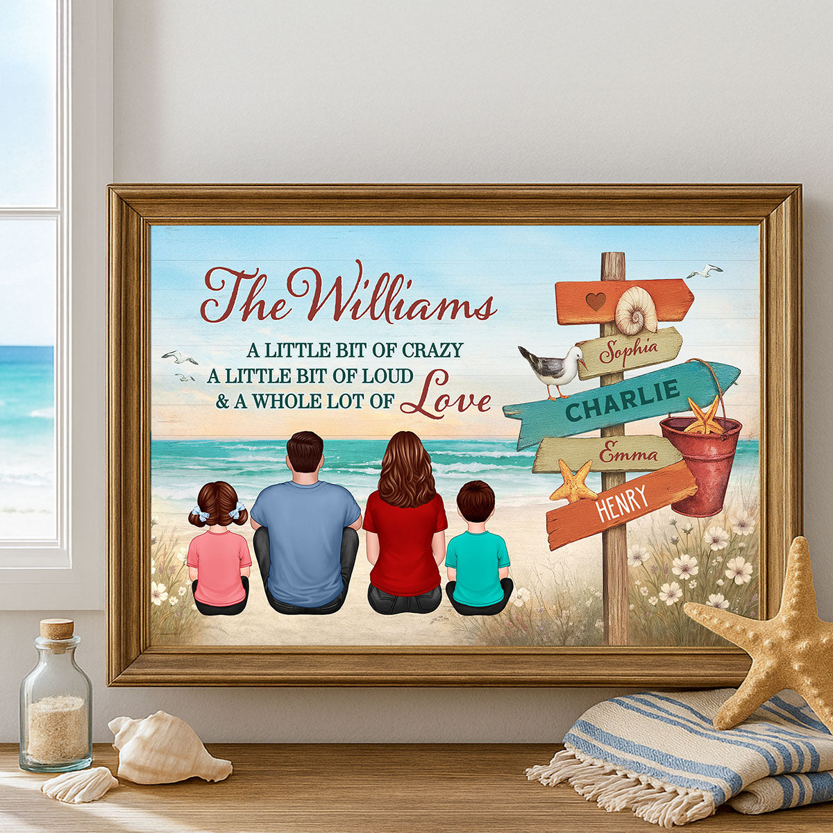 Colored Wood Pallet Family Sitting At Beach Personalized Poster