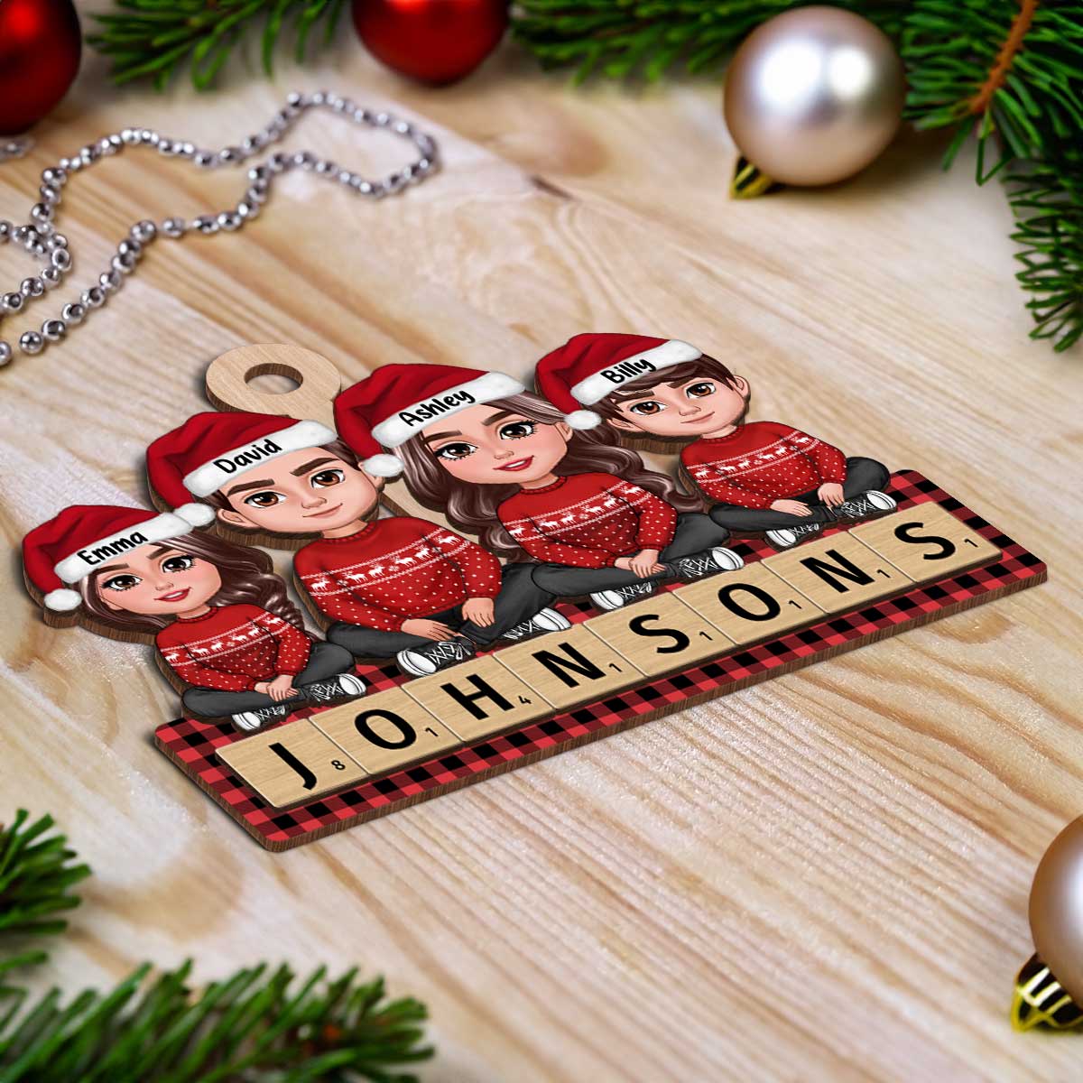 Whole Family Sitting On Word Personalized 2-Layer Wooden Ornament