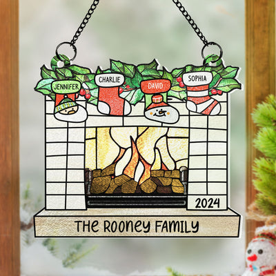 Family Christmas Stockings on Fireplace Personalized Acrylic Window Hanging, Christmas Stained Glass Decor