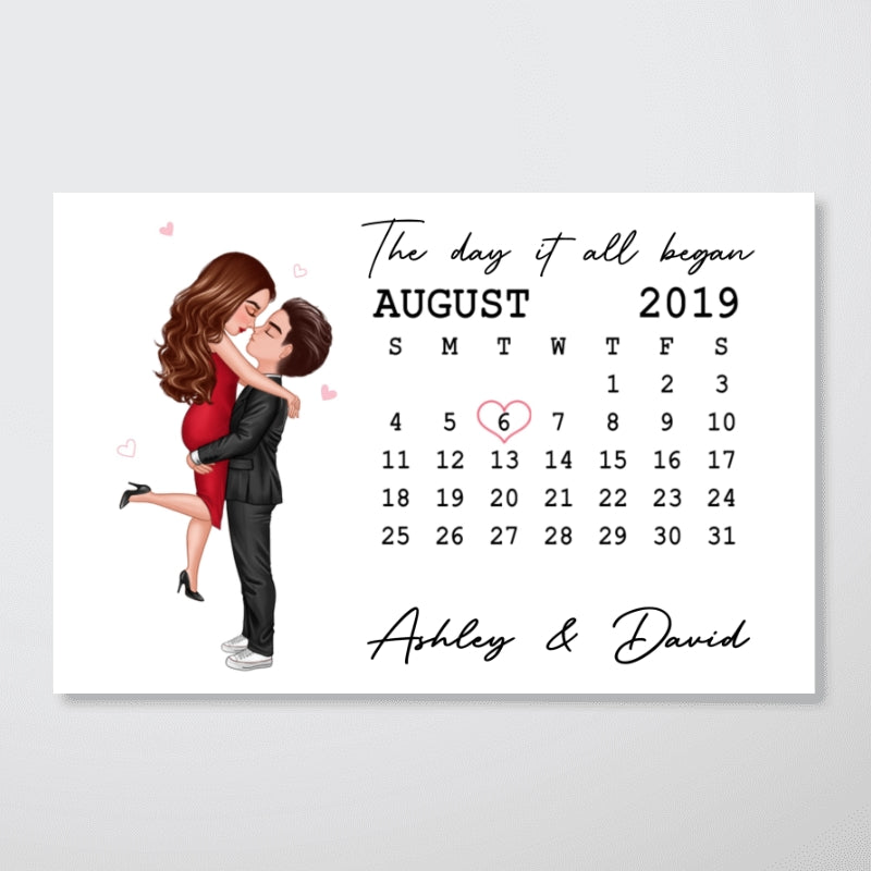 The Day It All Began Kissing Couple Calendar Anniversary Date Personalized Horizontal Poster - Anniversary Gift For Couple - Gift For Him Gift For Her