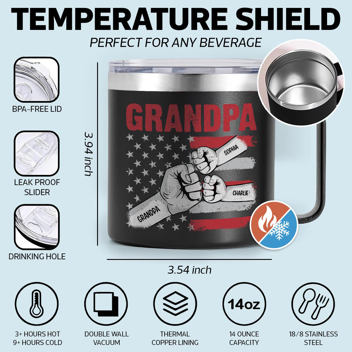 Grandpa Fist Bump Nation Flag Personalized Stainless Steel Tumbler With Handle, Birthday Gift For Grandpa, Father's Day Gift or Just Because