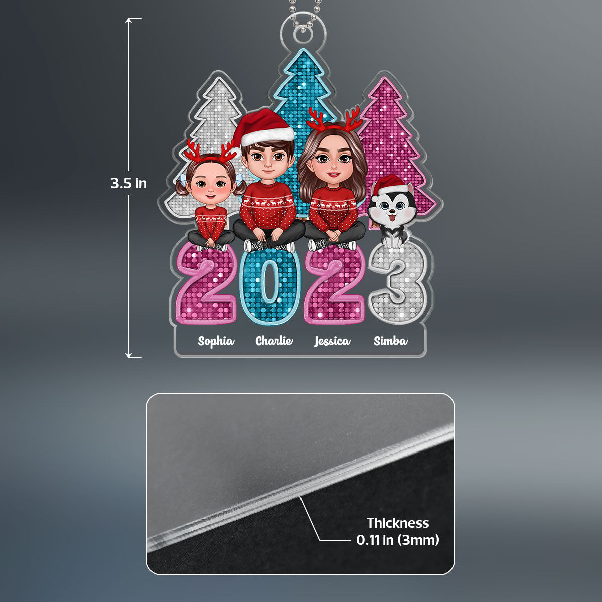 Family Sitting Crossed Legs Faux Glitter Sequins Christmas Tree Personalized Acrylic Ornament