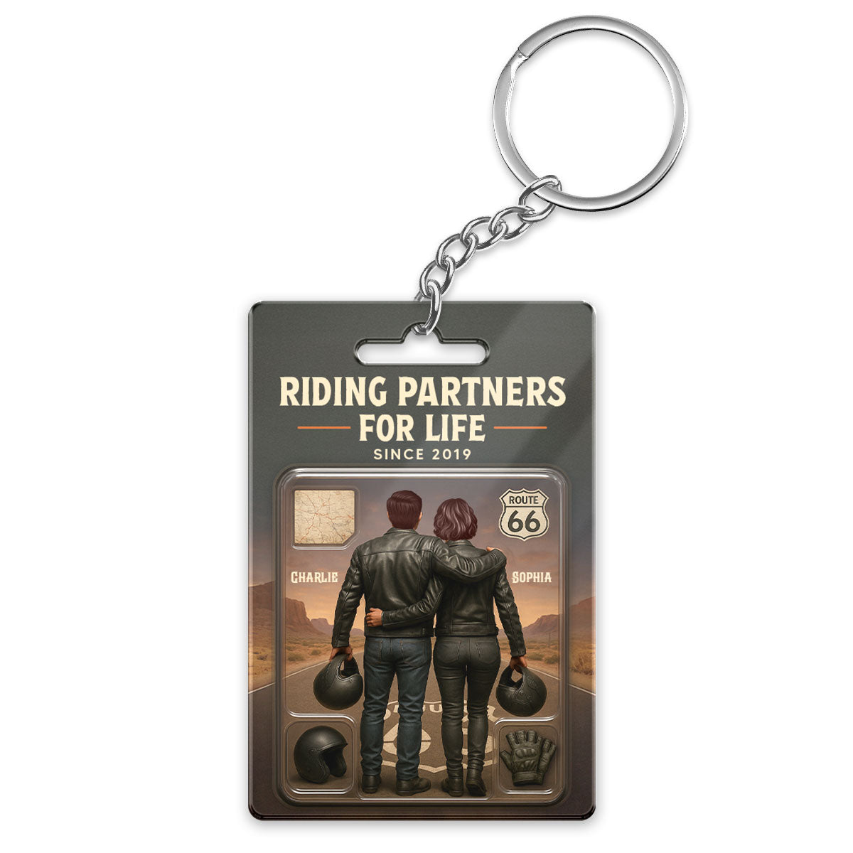 3D Effect Custom Figure Couple Bikers Riding Partners For Life Personalized Acrylic Keychain, Gift For Bikers