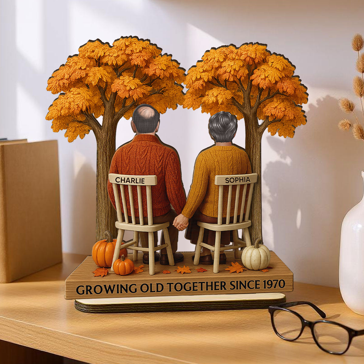 3D Effect Fall Season Back View Couple Growing Old Together Personalized 2-Layer Standing Wooden Plaque