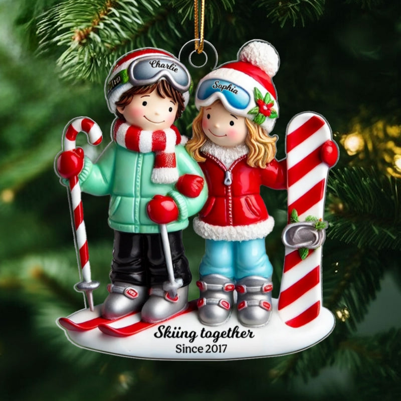 Personalized Ski Couple Christmas Acrylic Flat Ornament, Ski Resort Vacation, Adventurer, Winter Sports, Skiing Custom Xmas Gift