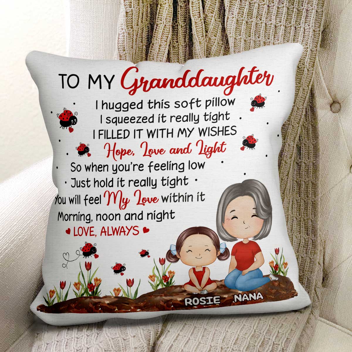 Lady Bug To My Granddaughter Grandson Doll Grandma Grandkids Watercolor Style Gift For Grandchildren Personalized Pillow