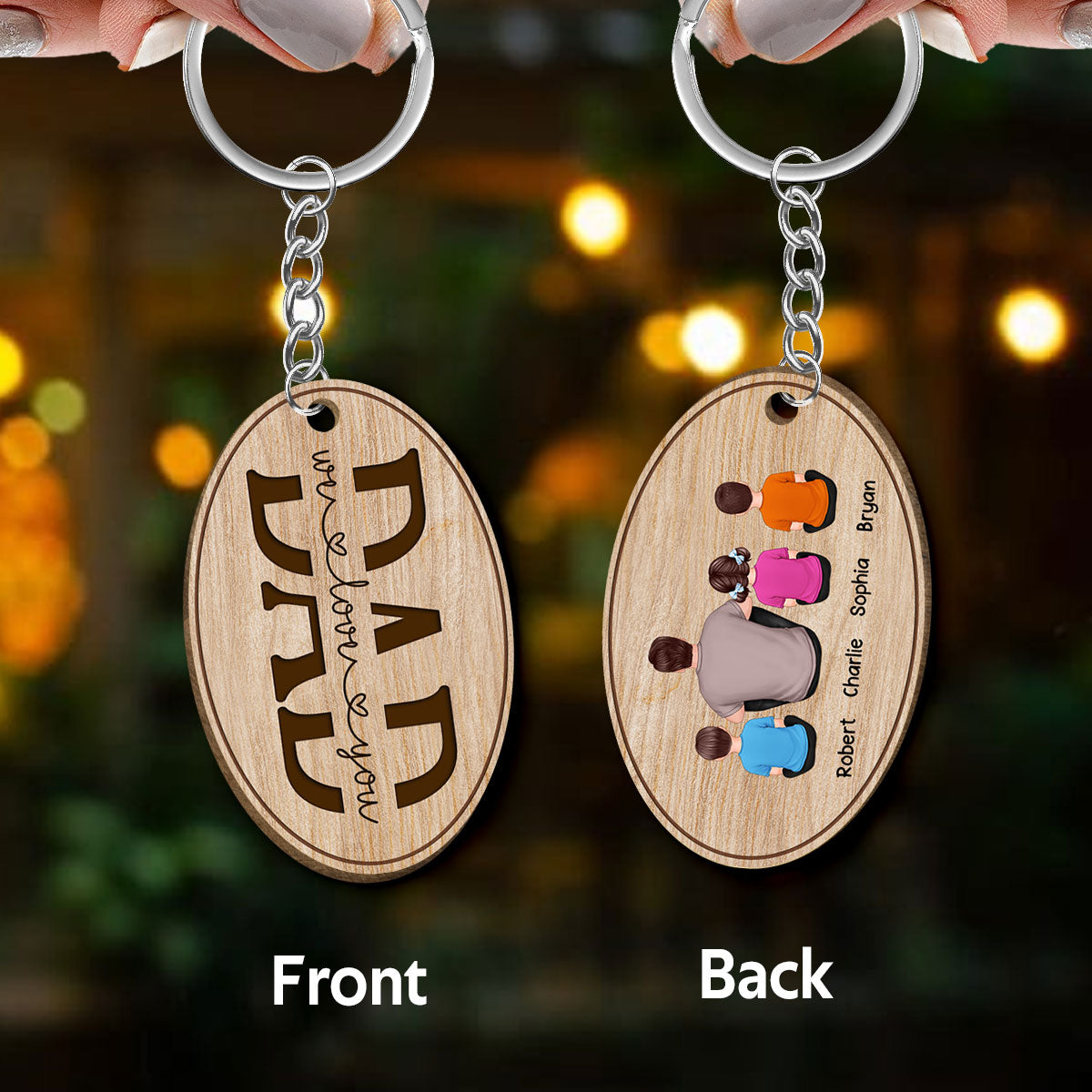 Best Dad Ever Back View Man Kids Dog Cat Personalized Oval Shaped Wooden Keychain