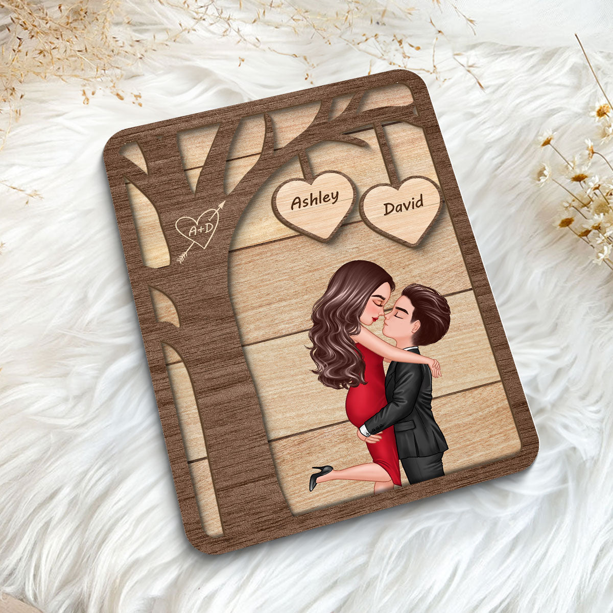 Couple Hugging Kissing Under Tree Valentine‘s Gift For Him For Her Personalized 2-Layer Wooden Plaque