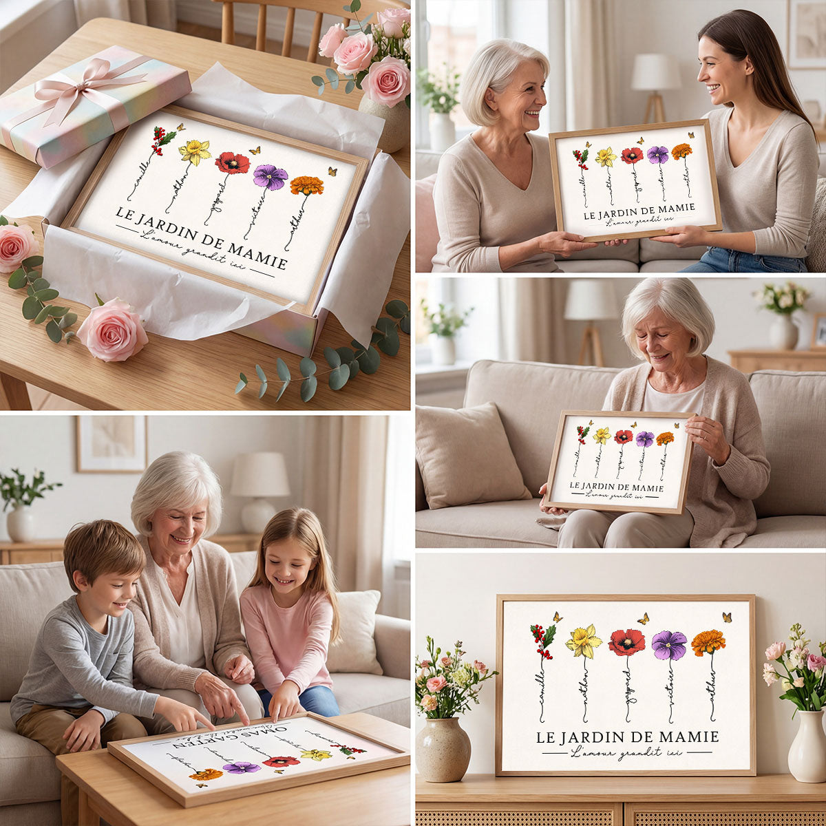 Le Jardin de Mamie Fleurs de Naissance - Affiche Personnalisée - Cadeau de Fête des Mères