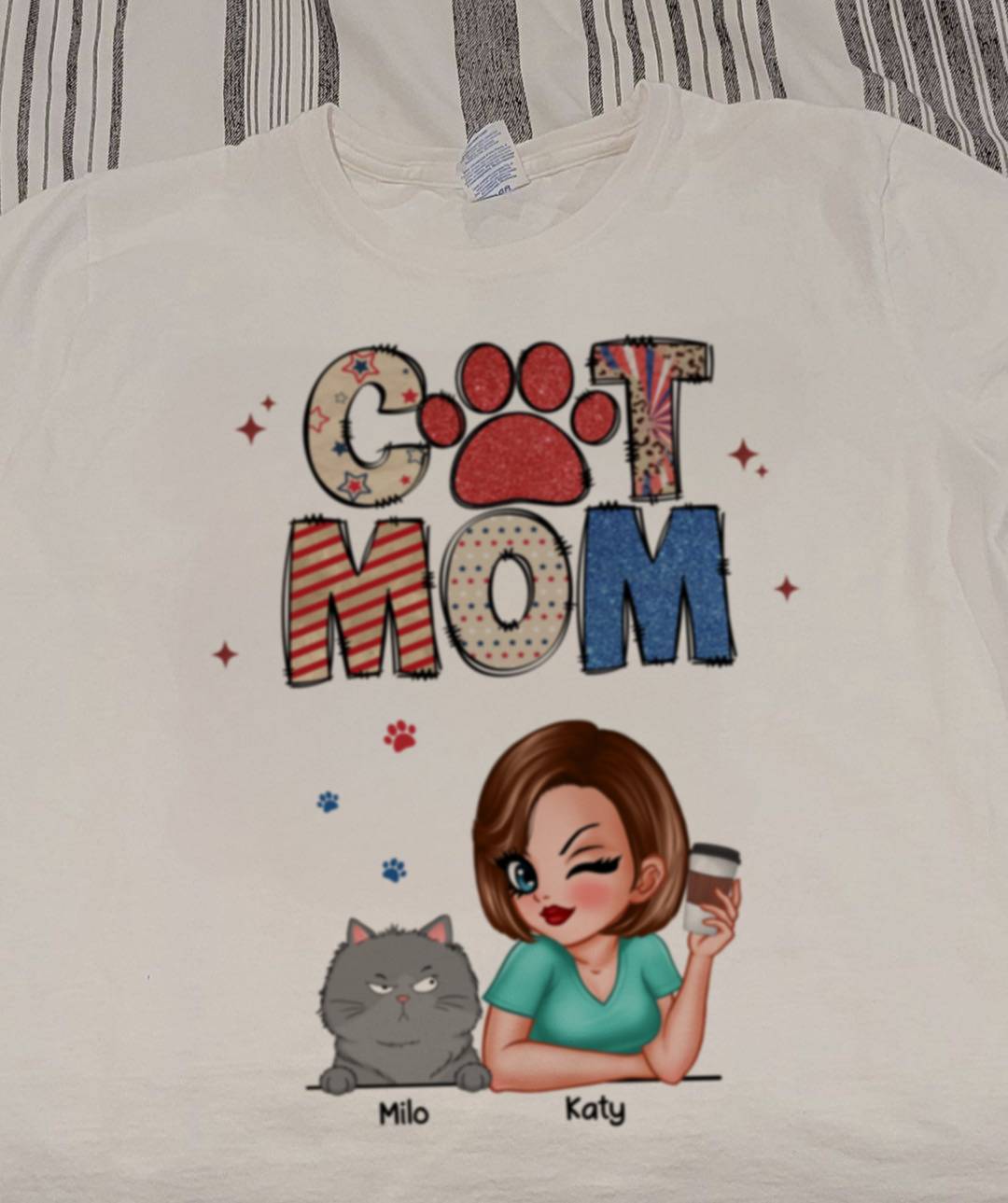 Cat Mom Sparkly Pattern Personalized Shirt, Gift For Cat Mom