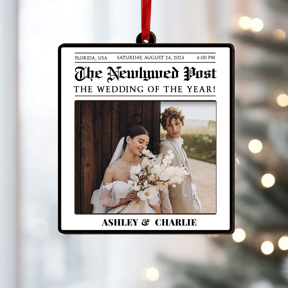 Newspaper Newlywed Anniversary Personalized Photo Frame Ornament, Unique Christmas Gift for Newlywed, Couple, Hanging Photo Car Ornament