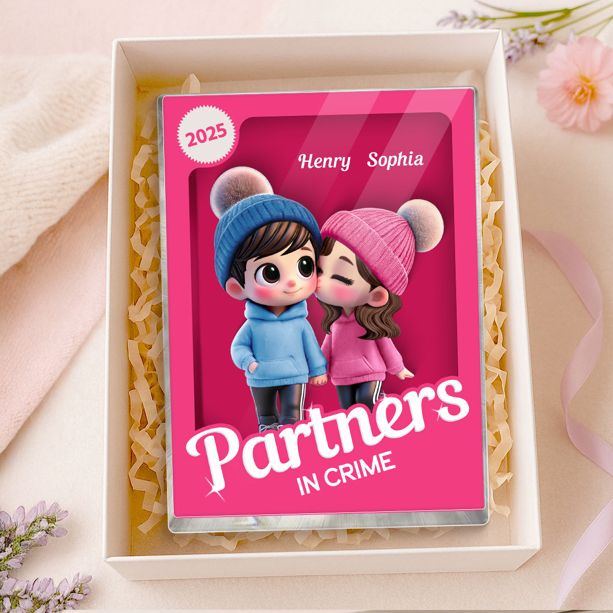 Couple Partners In Crime Pink Toy Box 3D Effect Personalized Acrylic Block