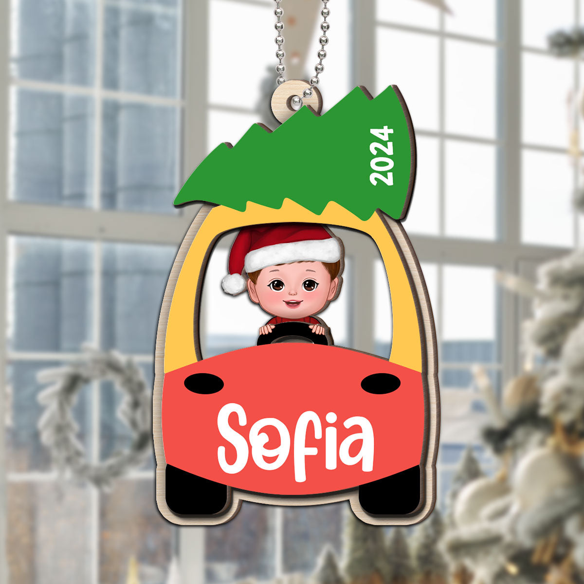 Kid On Christmas Toy Car First Christmas Personalized 2-Layer Wooden Ornament