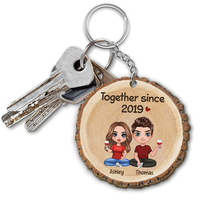 Wood Slice Texture Doll Couple Sitting Gift For Him For Her Personalized Wooden Keychain