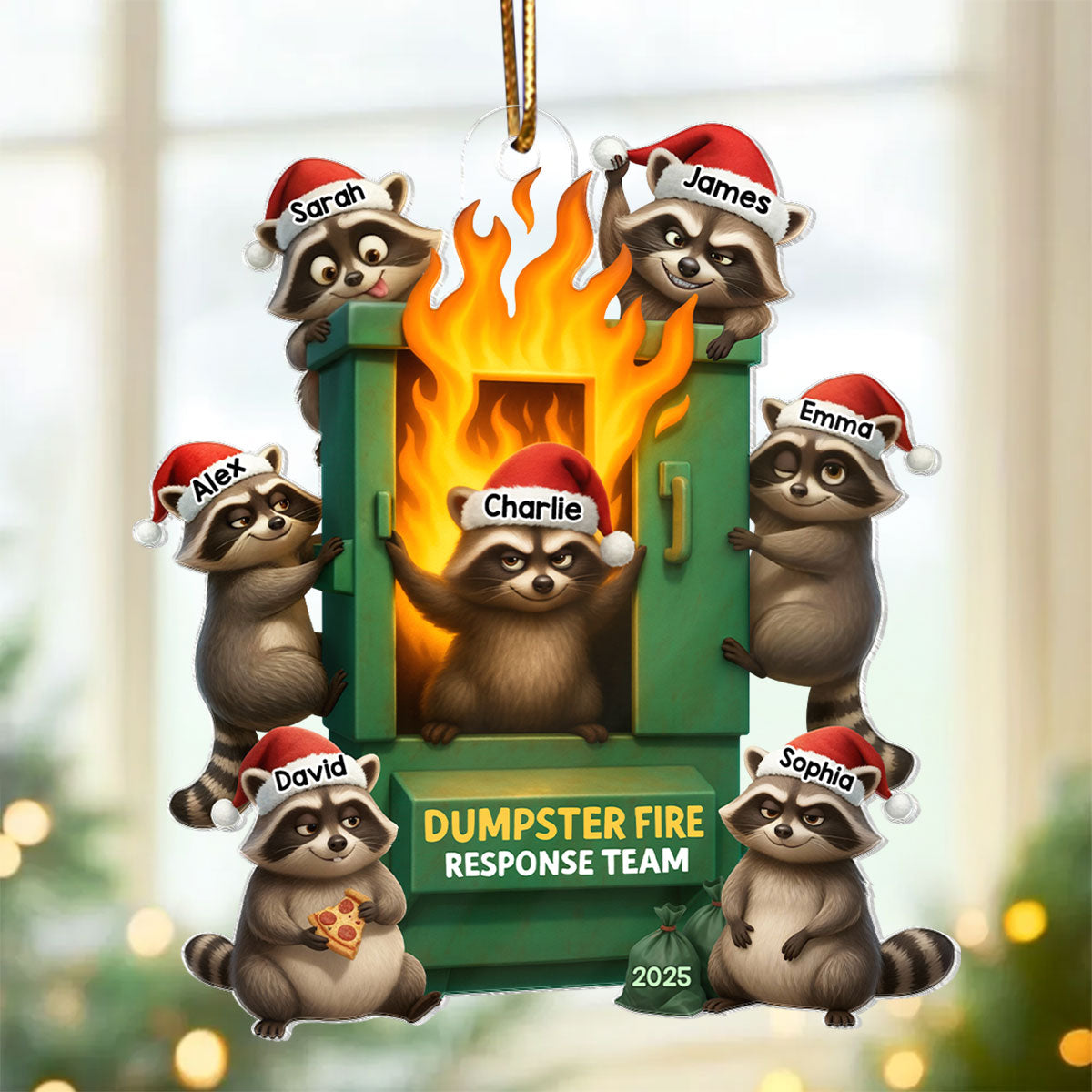 Cunning Raccoon Office Chaos Dumpster Fire Response Team - Personalized Acrylic Ornament - Funny Holiday Gift for Coworkers