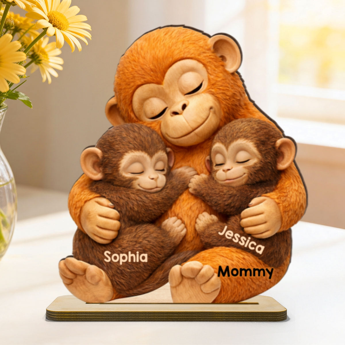Mother Monkey & Children, Baby Monkey Punch - Personalized 2-Layered Wooden Plaque - Heartfelt Mother's Day Gift for Mom, Wife
