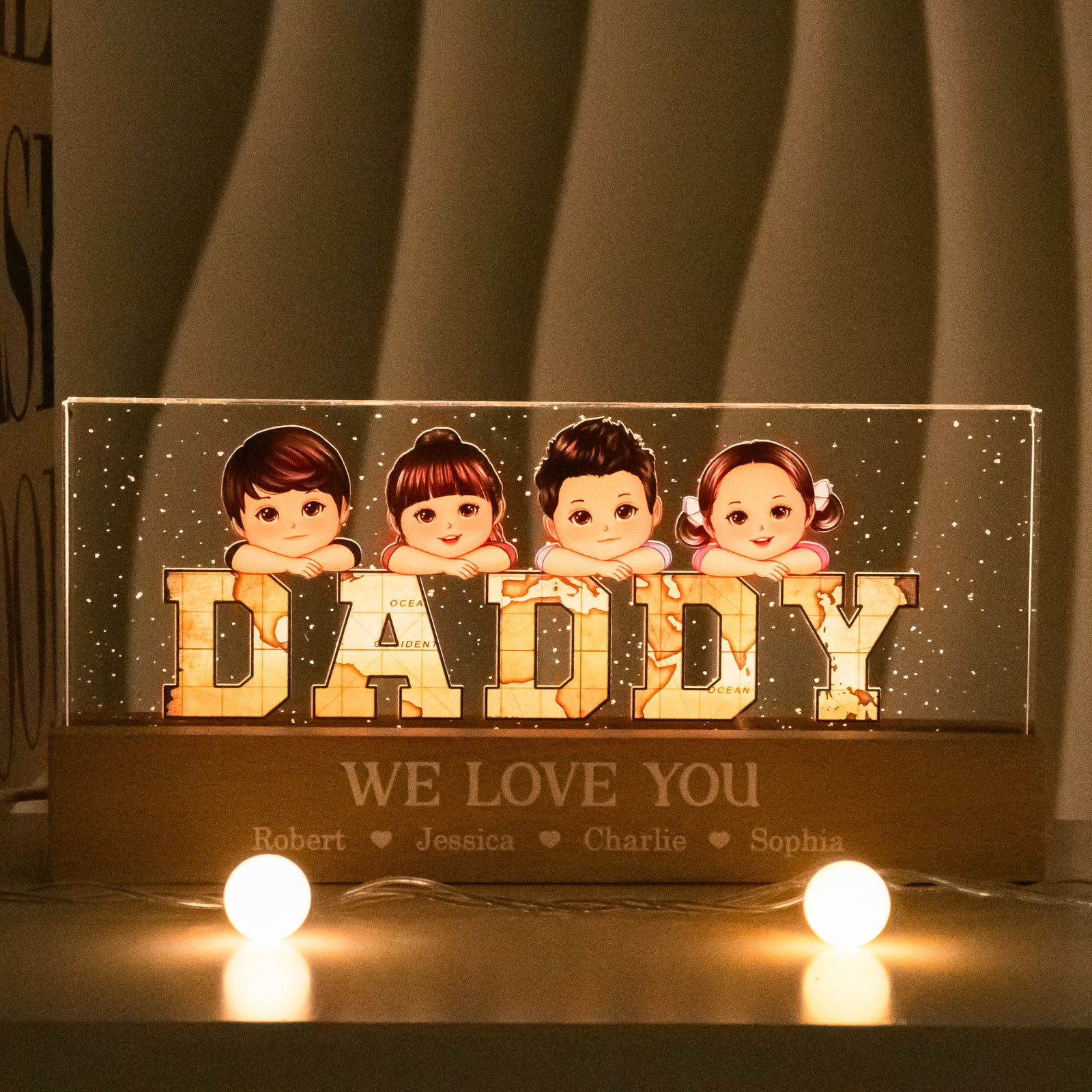 Vintage Map Dad Grandpa Title Kids Laying On Personalized Acrylic LED Night Light