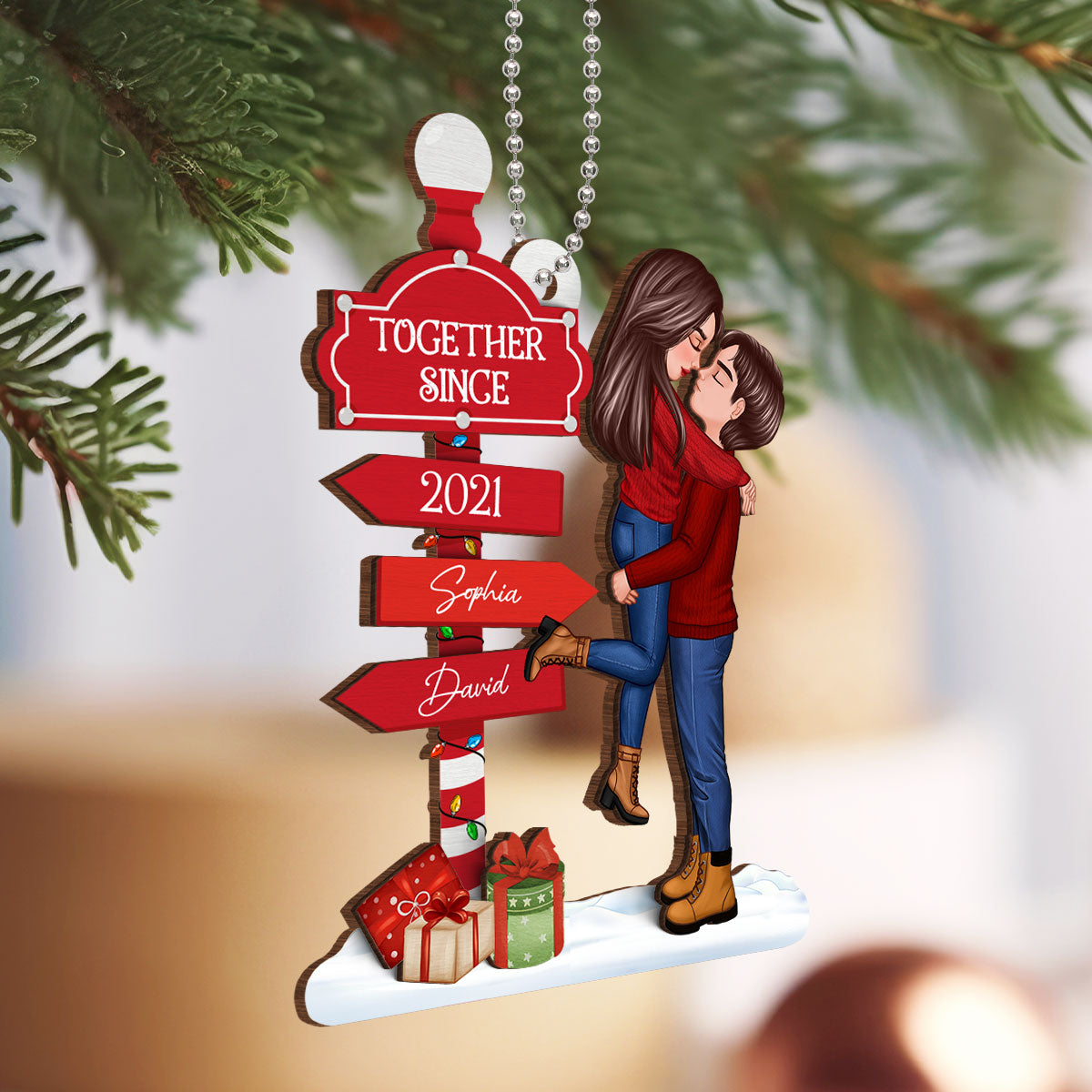 Christmas Couple Kissing Sign Personalized 2-Layer Wooden Ornament