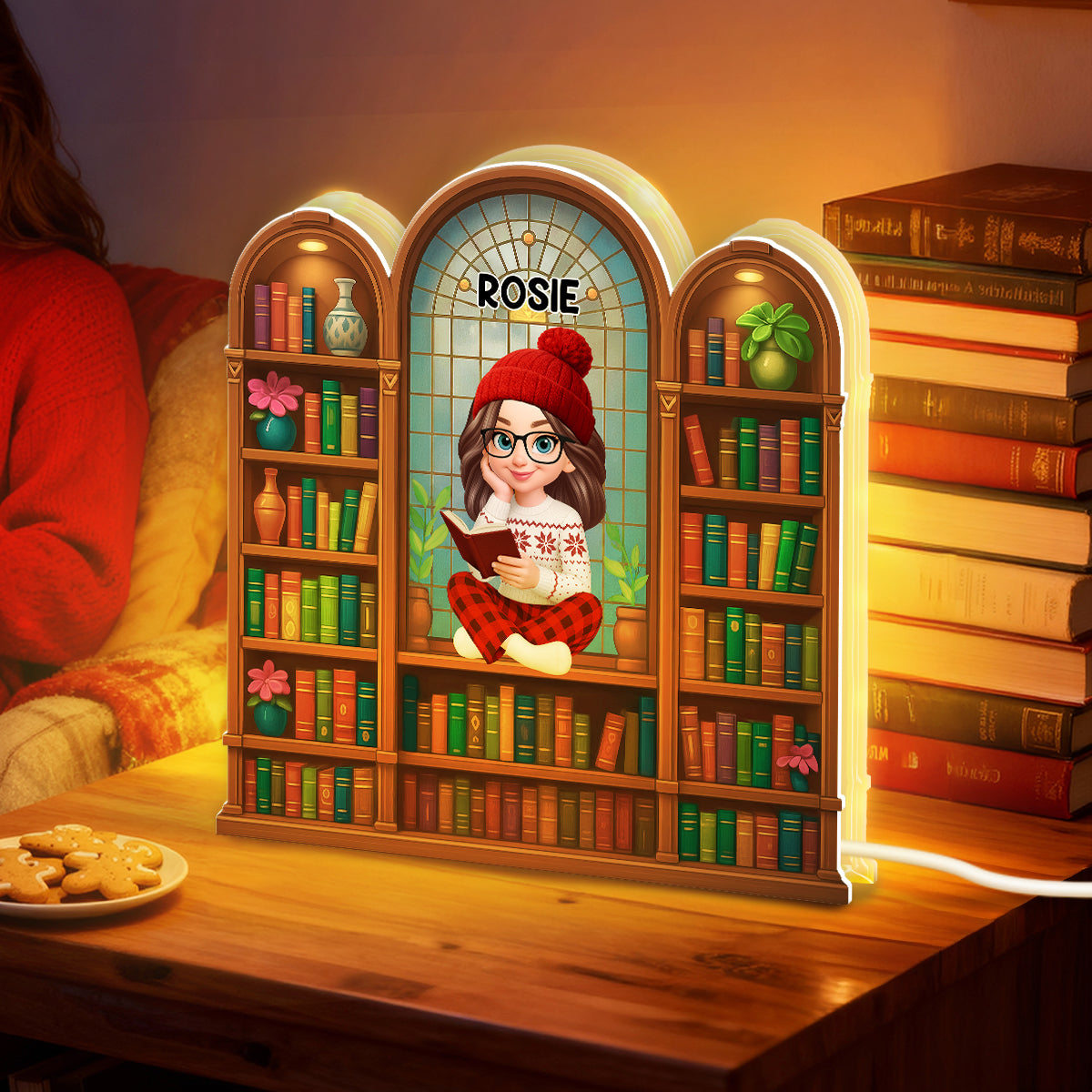 Christmas Cozy Vibe Pretty Girl Reading Book In Arched Bookshelf - Personalized Light Box