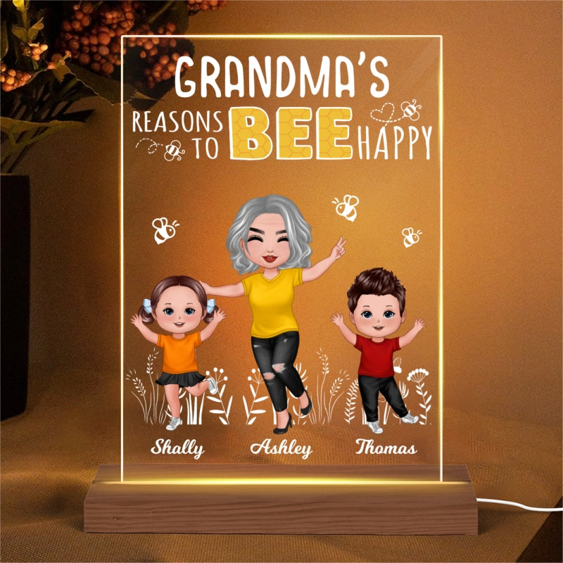 Reasons Bee Happy Doll Grandma & Grandkids Personalized Rectangle Acrylic Plaque With LED Night Light - Gift For Grandma, Mom
