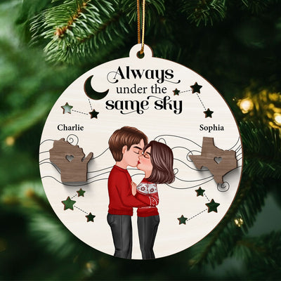 Always Under The Same Sky Personalized 2-Layer Wooden Ornament, Christmas Gifts for Boyfriend Long Distance Relationship Gift