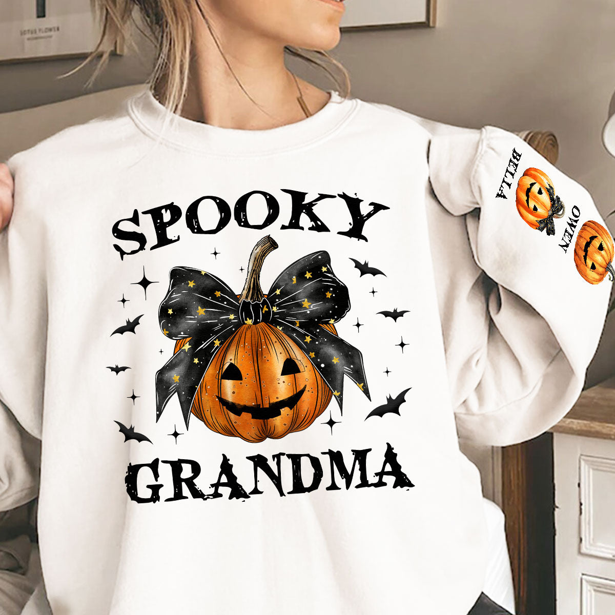 Spooky Grandma Mom Halloween Pumpkin Personalized Sleeve Printed Sweatshirt
