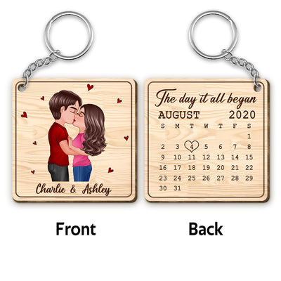 Doll Couple Kissing Calendar Anniversary Date Personalized Wooden Keychain