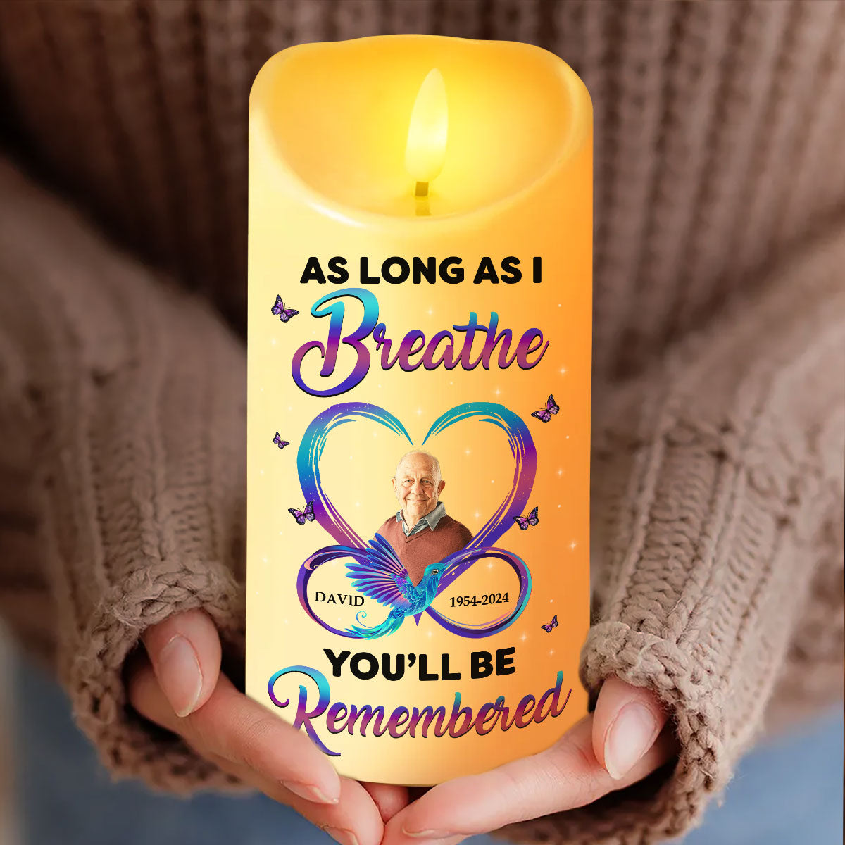 As Long As I Breathe You'll Be Remembered Personalized Flameless LED Candle, Christmas Gift, Sympathy Gift For Family Members